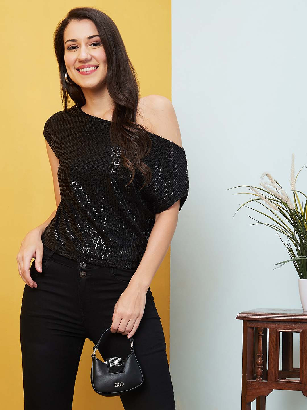 Women Solid Black Sequined One Shoulder Party Crop Top
