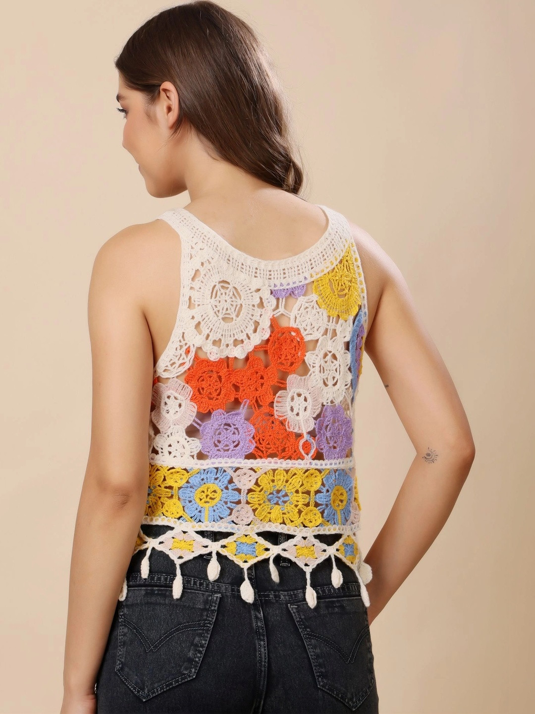 Floral Embellished Fringed Crochet Top