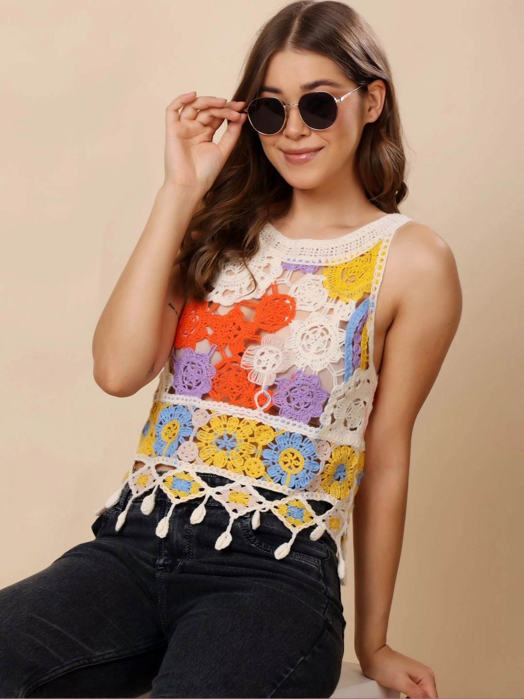 Floral Embellished Fringed Crochet Top